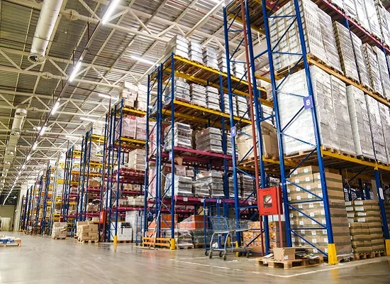 View from ground level of a Massachusetts warehouse company, with racked and heated storage bays